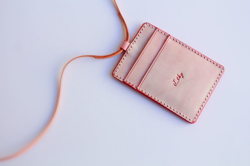 Card holder/work permit/lanyard/leather document holder - ID & Badge Holders - Genuine Leather Pink
