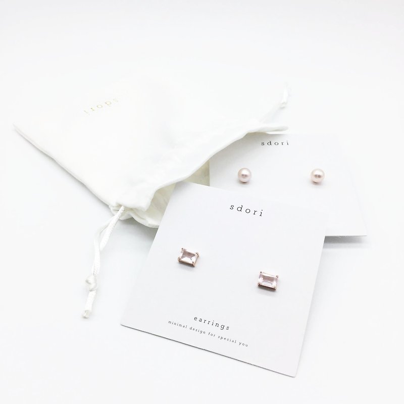 GOODY BAG - RECTANGULAR ROSE QUARTZ EARRINGS & ROUND PEARL EARRINGS (LIMITED) - Earrings & Clip-ons - Other Metals Pink