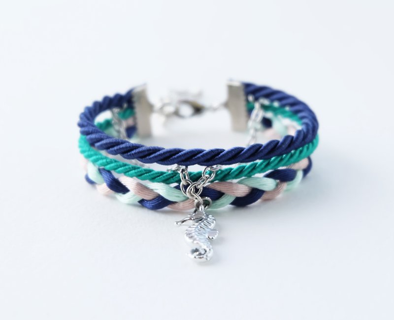 Seahorse wrap bracelet in navy blue / seafoam green / light mint / light brown  - Bracelets - Other Materials Blue