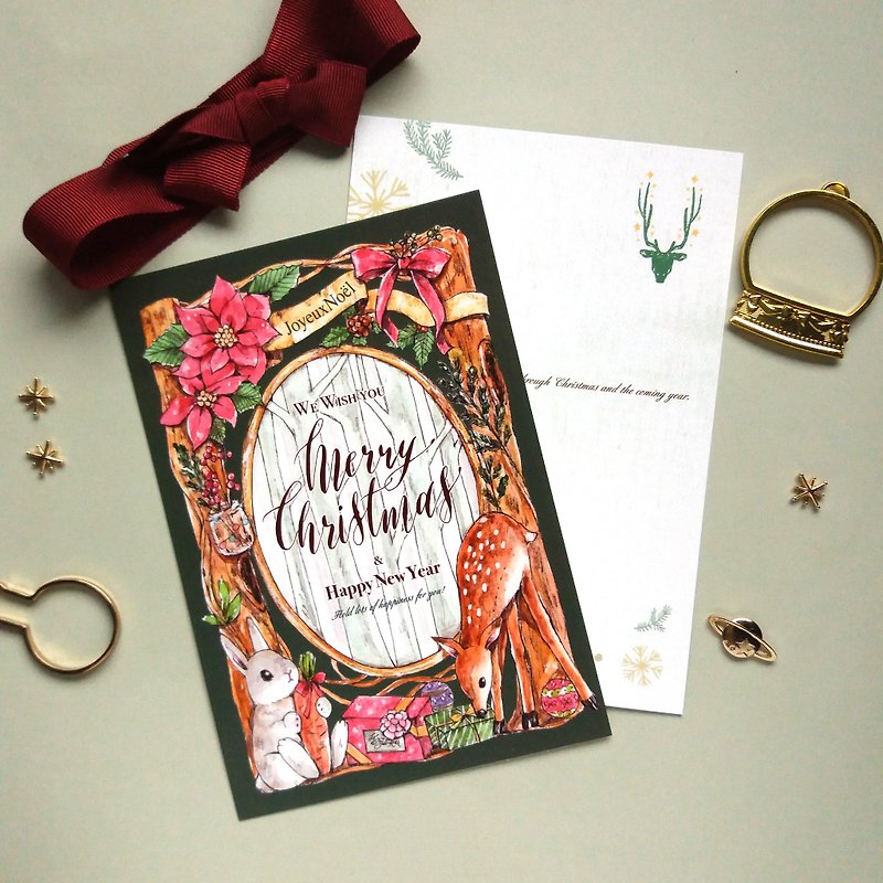 Bunny rabbit deer Christmas postcard - Cards & Postcards - Paper 