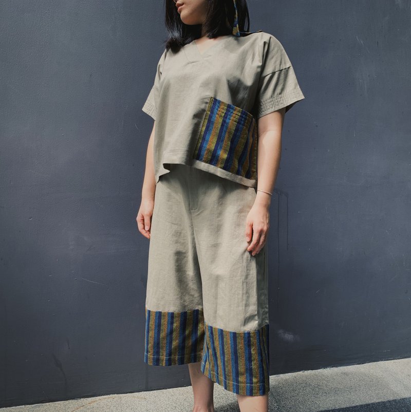 Koh Yor 2 : SET of beige linen top and pants - เสื้อผู้หญิง - ผ้าฝ้าย/ผ้าลินิน สีกากี