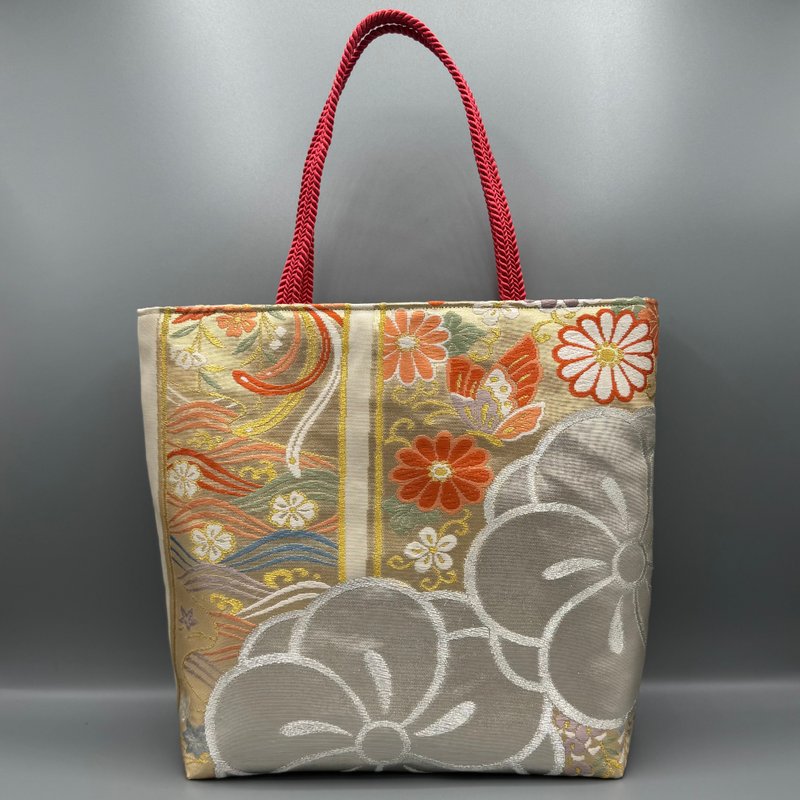 着物 帯 帯締め リメイク ハンドメイド トートバッグ 手提げ 花 - 手提包/手提袋 - 絲．絹 橘色