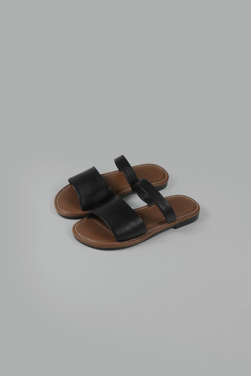 Genuine leather double-strap sandals, simple Nordic shoe original design - Sandals - Genuine Leather Black