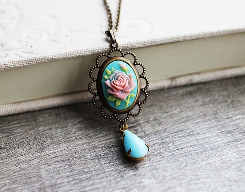 Victorian Rose Teardrop Gemstone Necklace - Necklaces - Other Metals Blue