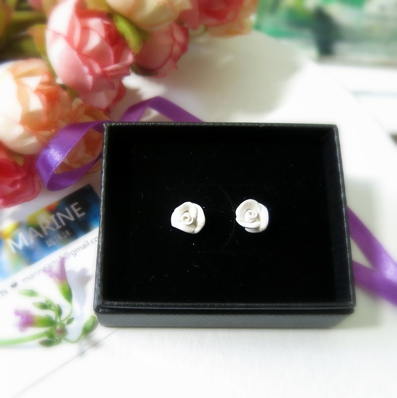 Rose Garden - White Rose Earrings Ear Pin or Ear Clips Gift for Her / Handmade - Earrings & Clip-ons - Other Materials White