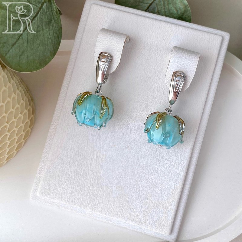 Bridal Crystal Blue Bridal Earrings / Blue Bead Drop Dainty Earrings - 耳環/耳夾/耳骨夾 - 純銀 藍色