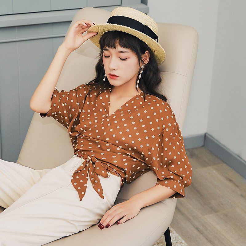 [Special offer] Early spring ladies wear strappy polka-dot shirt YAX8778 - Women's Shirts - Polyester Brown