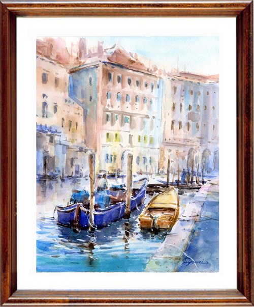 水彩画 ヴェネツィア ゴンドラの風景 一点物