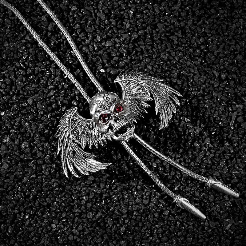 熾火骷髏  保羅領帶 Bolo Tie 金屬繩領帶 長項鍊 骷髏頭翅膀 - 領帶/領帶夾 - 其他金屬 銀色