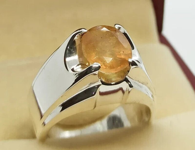 Natural Yellow Sapphire Mens Ring Sterling Silver 925 Handmade Pukhraj Ring gift - 戒指 - 寶石 黃色