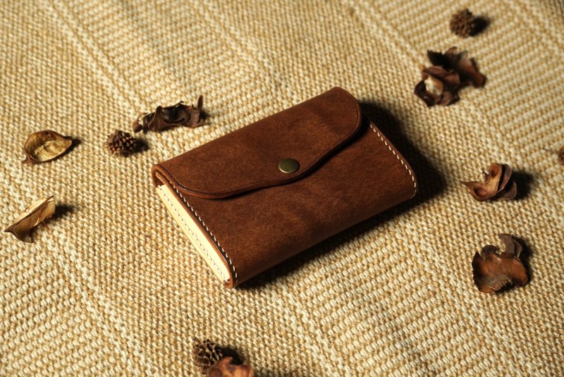 Brown laminated coin purse l Italian Badalassi-Pueblo nubuck leather l Hand-stitched - กระเป๋าใส่เหรียญ - หนังแท้ 