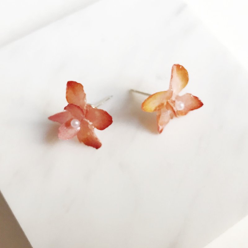 Real flower Hydrangea Earrings S925 silver - Earrings & Clip-ons - Plants & Flowers Red