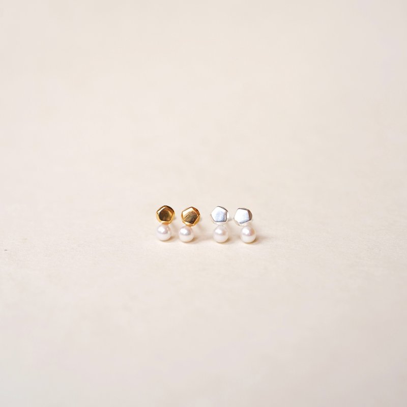 SV925 ペンタゴンパールピアス - 耳環/耳夾/耳骨夾 - 其他金屬 多色