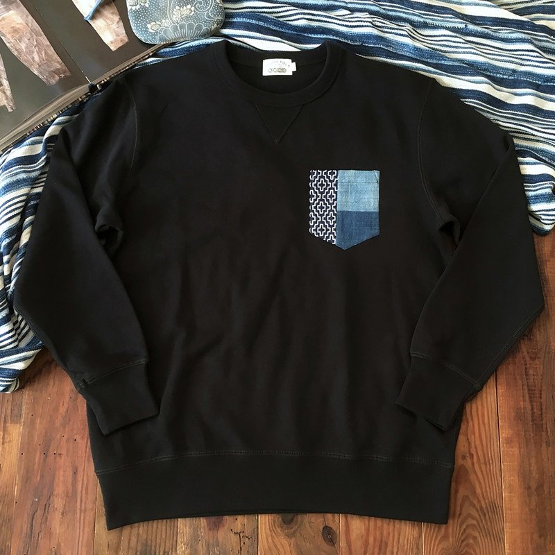 MajorFolk 三色藍染拼布口袋 刺子繡 秋冬重磅男黑色長袖衛衣 - 男 T 恤 - 棉．麻 