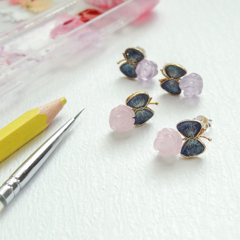 Enamel series handmade jewelry jewelry enamel butterfly inlaid crystal rose natural stone earrings order production - Earrings & Clip-ons - Gemstone 