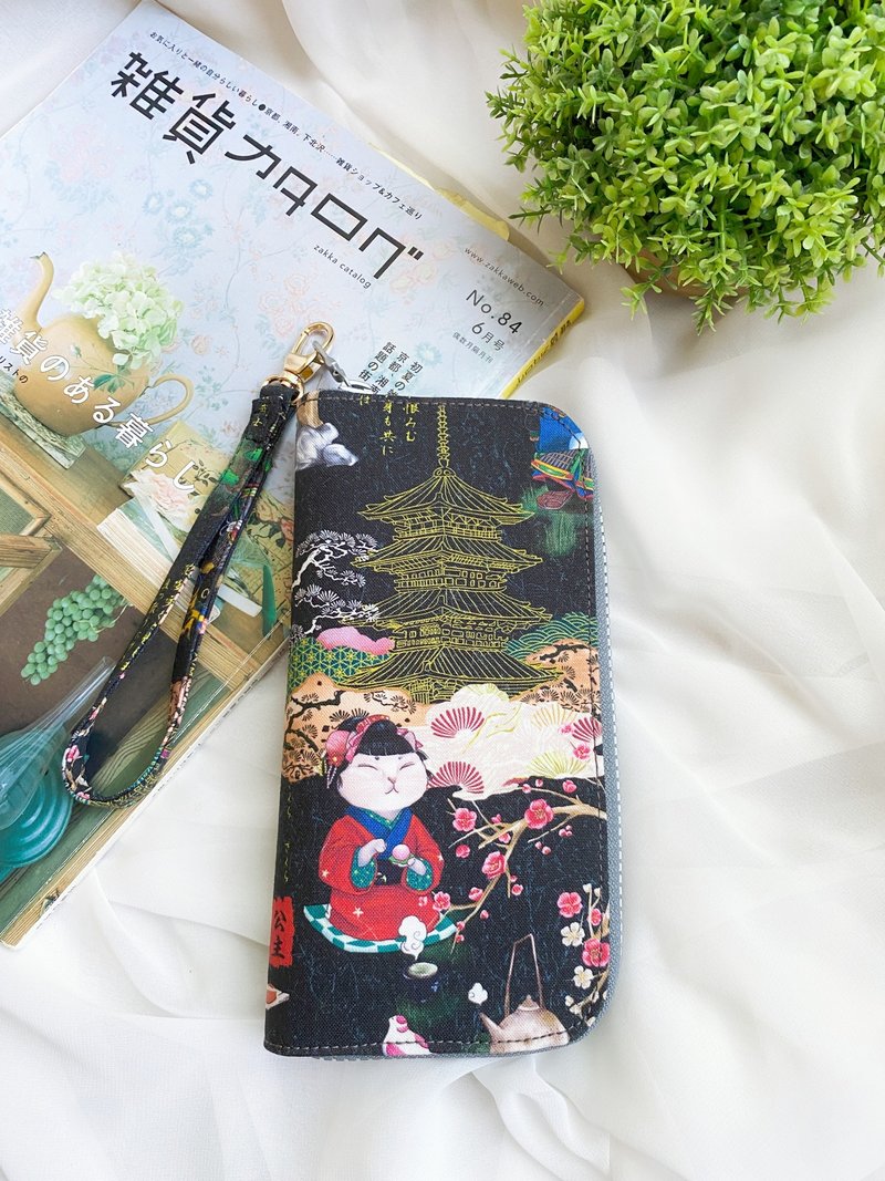 [Good Day Handmade] Japanese Festival Style Cat/Multi-layered Long Clip Made of Fabric/Including Hand Strap - Wallets - Other Materials Multicolor