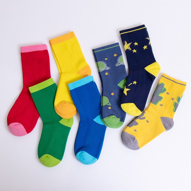 [WARX Antibacterial and Deodorant Socks] Play Color Splicing X Fun Pattern Middle Tube Children's Socks (7 Color Set) - ถุงเท้า - ผ้าฝ้าย/ผ้าลินิน 