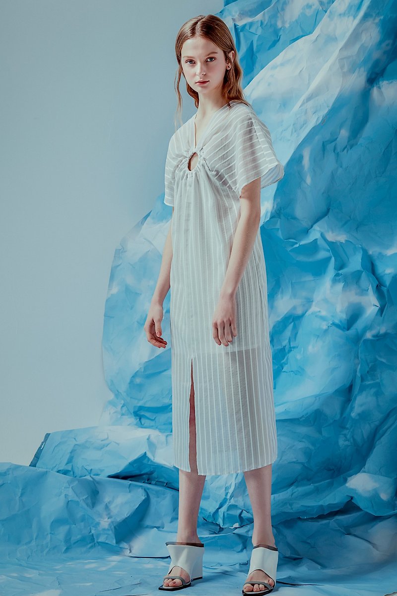 Off-season sale Off-White Striped Ring Long Dress - ชุดเดรส - ผ้าฝ้าย/ผ้าลินิน สีเทา