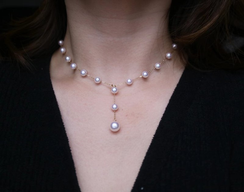 Made in Japan Original sliding pearl necklace Akoya pearl pearl necklace 18k gold necklace pearl necklace - สร้อยคอ - ไข่มุก ขาว