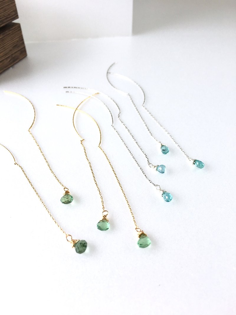 Tiny Apatite  Chain-earring and Clip-earring - 耳環/耳夾 - 石頭 藍色