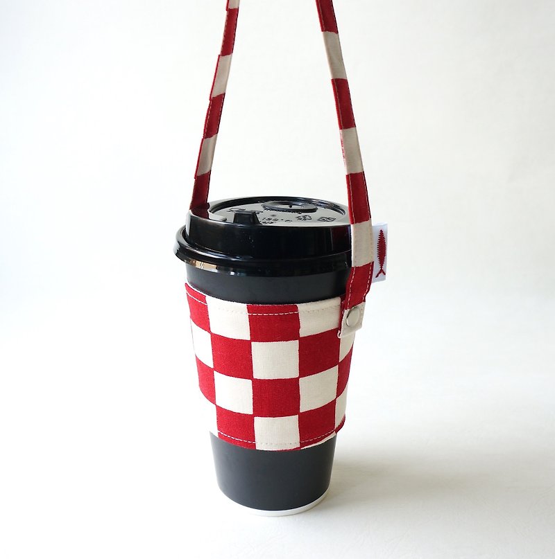 / Checkered - red / green cup bag / beverage bag / cup sleeve - ถุงใส่กระติกนำ้ - ผ้าฝ้าย/ผ้าลินิน สีแดง