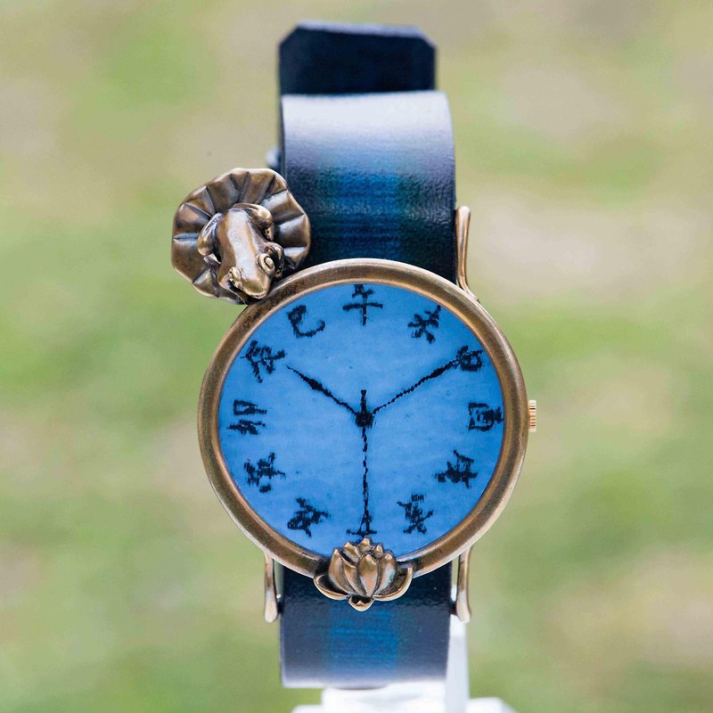 美麗的荷花 江戶文字手錶  L 淡藍色 - 女裝錶 - 其他金屬 藍色