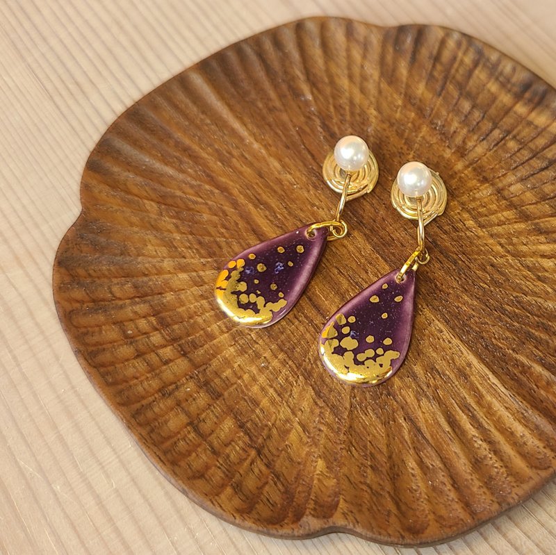 24K Pure Gilt Purple Glaze Water Drop Earrings (Clip-On) - Earrings & Clip-ons - Porcelain Purple