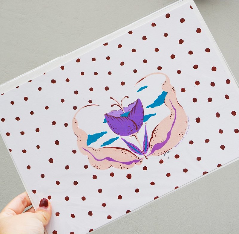 花、雲、植物、ドット、ドットの手描きイラスト - ポスター・絵 - 紙 ピンク