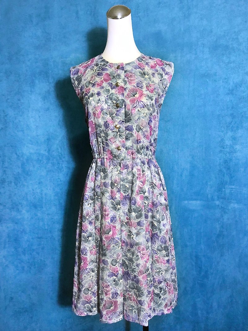 春の花をバックにテクスチャヴィンテージノースリーブのドレス/外国VINTAGEをレンダリング - ワンピース - ポリエステル ピンク