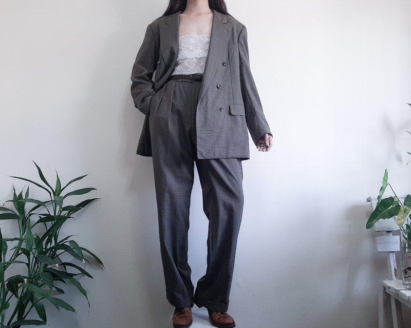 復古棕色格紋雙排扣西裝 L 號 2 件羊毛西裝外套長褲 - 男西裝外套 - 羊毛 咖啡色