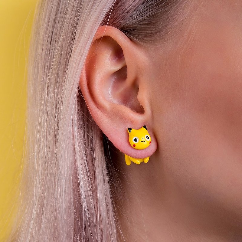 Yellow Cat Earrings - Kawaii Cat Earrings Polymer Clay - 耳環/耳夾 - 黏土 黃色