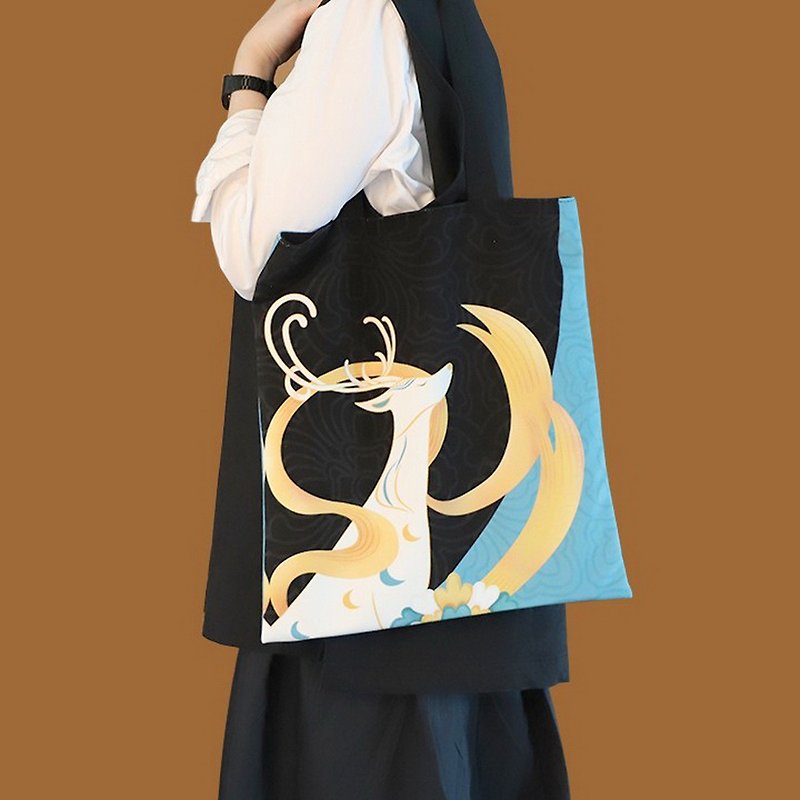 Dunhuang Cultural and Creative | Nine-color Deer Canvas Bag Medium and Large Tote Bag with Concealed Pocket - กระเป๋าถือ - ผ้าฝ้าย/ผ้าลินิน สีดำ