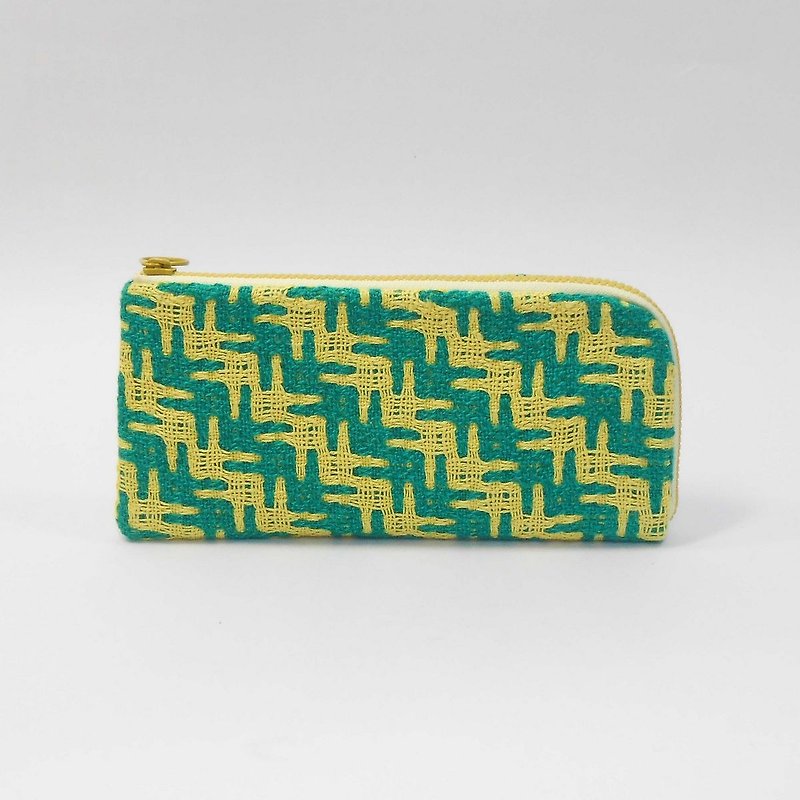 手織布 L型簡易式長夾03 - 長短皮夾/錢包 - 棉．麻 綠色