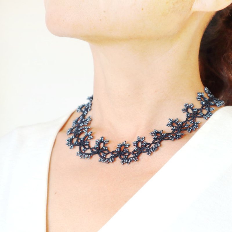 OYA Tatting lace Necklace【GRACE】Smoky Black - Necklaces - Other Man-Made Fibers Black