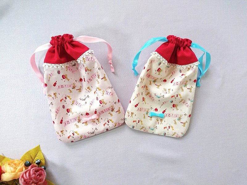 [Bunny Band] Pocket Drawstring/Japanese Soft Girl - Drawstring Bags - Cotton & Hemp Pink