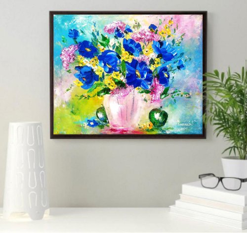 花と花瓶　絵画　イラスト　ドローイング 和柄な花瓶と花 