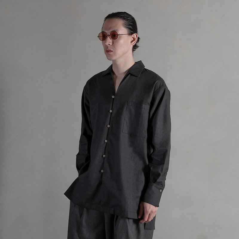 Karma / V-Collar Long-Sleeved Shirt Charcoal - Men's Shirts - Cotton & Hemp Black