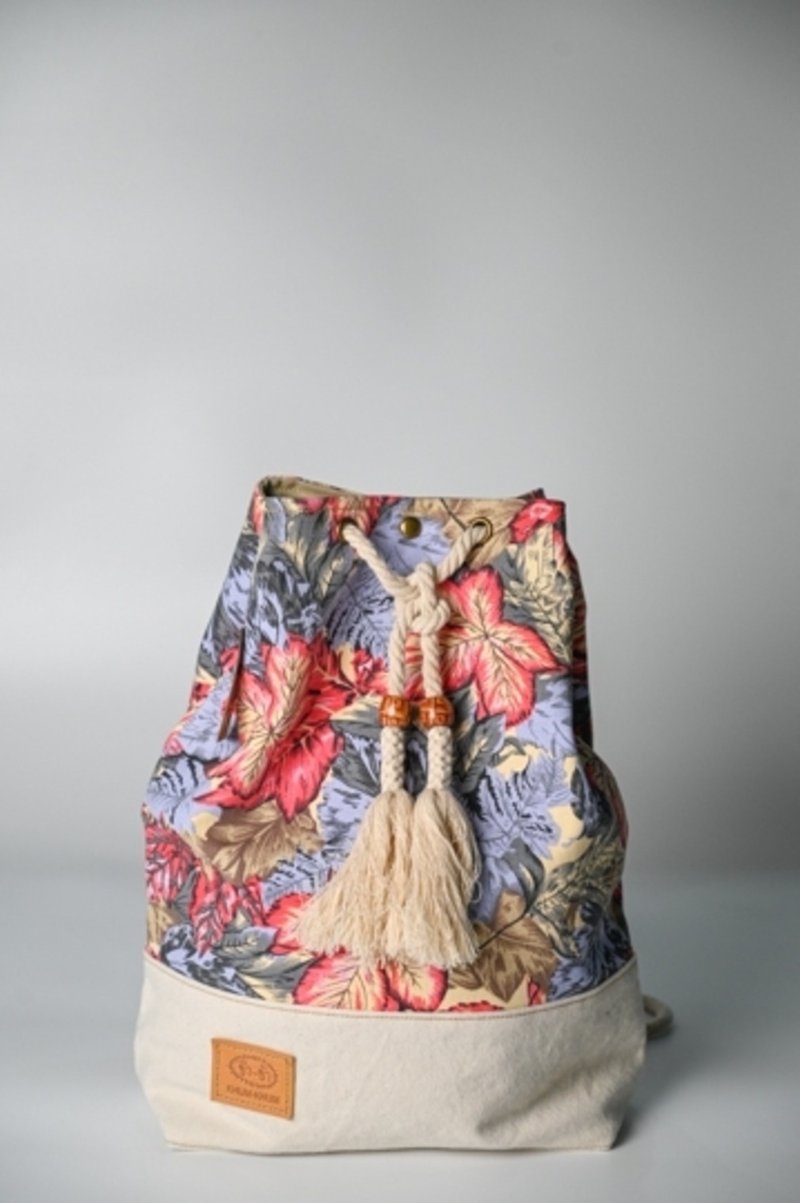 Indigo fabric backpack, drawstring, flower lover pattern - Backpacks - Cotton & Hemp Multicolor