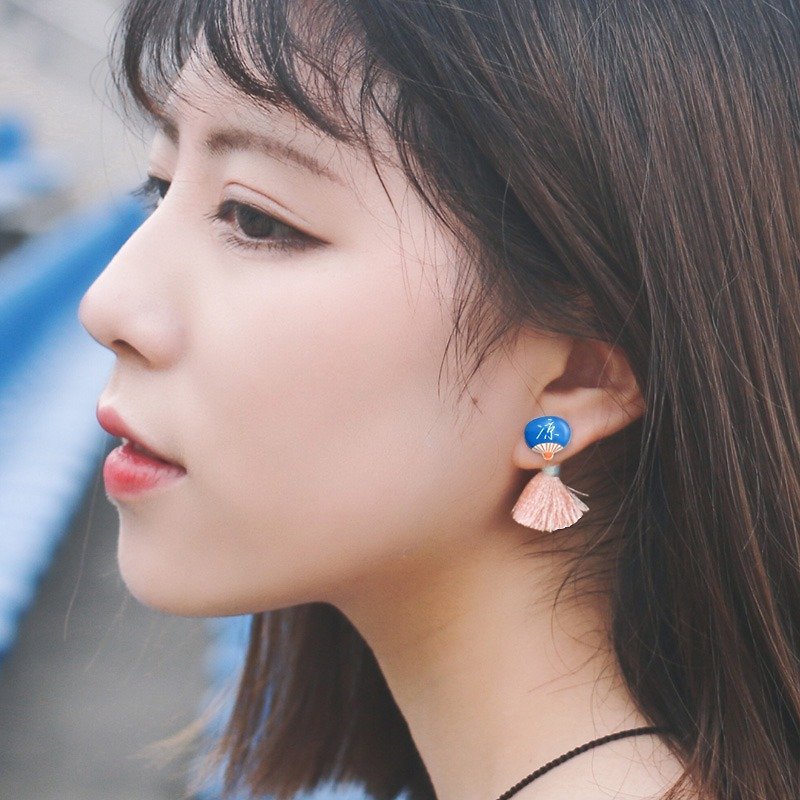 Cool creative mini fan tassel earrings ear clip gift - Earrings & Clip-ons - Other Metals Blue