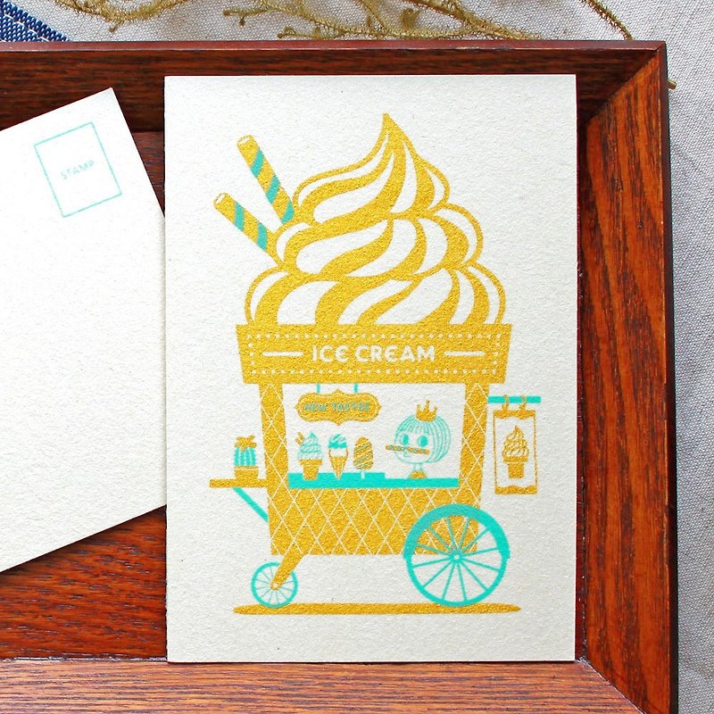 阿加冰淇淋車(薄荷綠) - 手工絹印 版畫明信片 - 心意卡/卡片 - 紙 金色