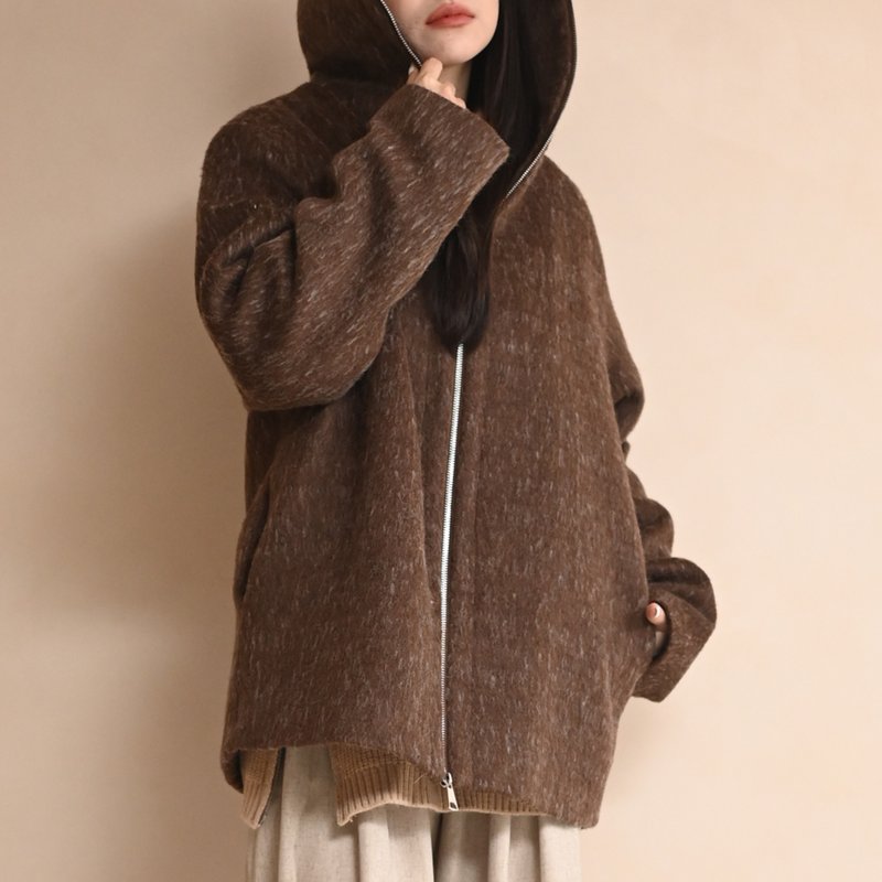 Neat zipper-hooded woolen lining jacket-brown - Women's Casual & Functional Jackets - Cotton & Hemp Brown