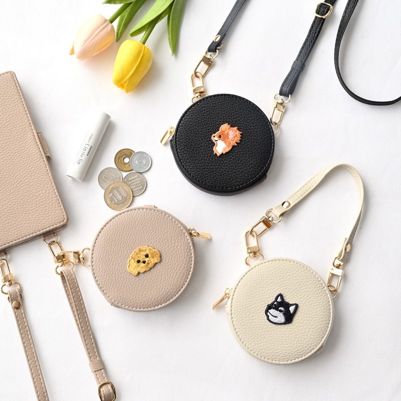 ラウンドポーチ 【 simple ワッペン 犬 】 刺繍 小銭入れ 小物入れ コインケース ミニ財布 レザー スリム アニマル ペット くすみカラー A267I - 化妝包/收納袋 - 人造皮革 咖啡色