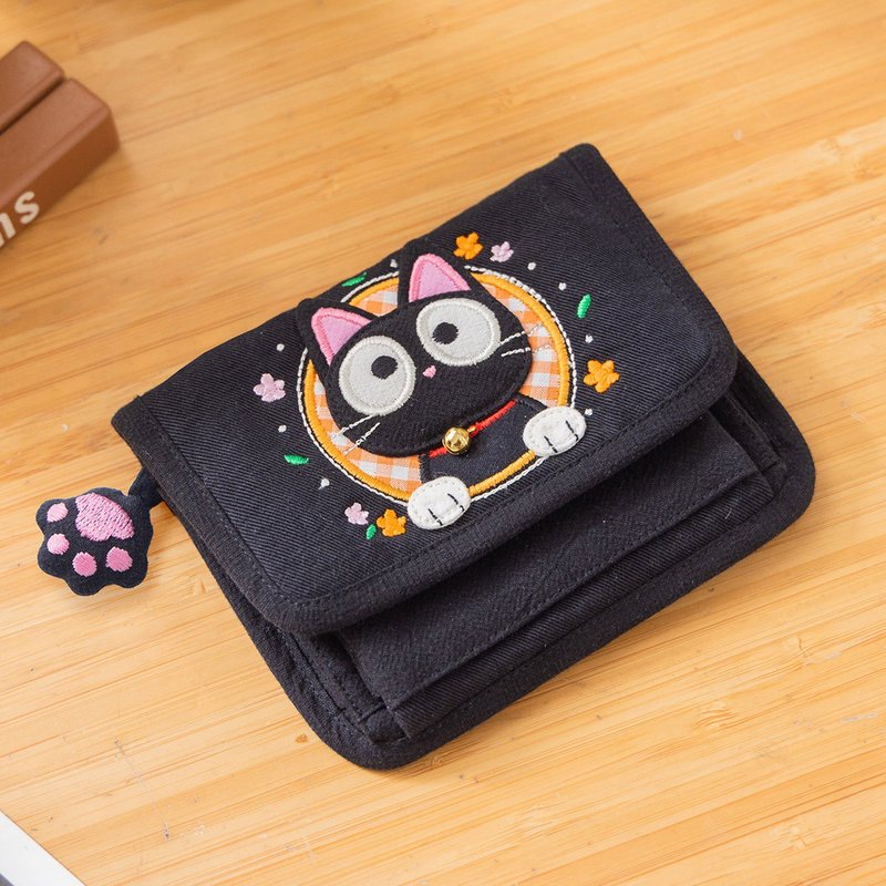 Little black cat foldable card/coin purse/short cloth clip [820299] - ID & Badge Holders - Cotton & Hemp Black