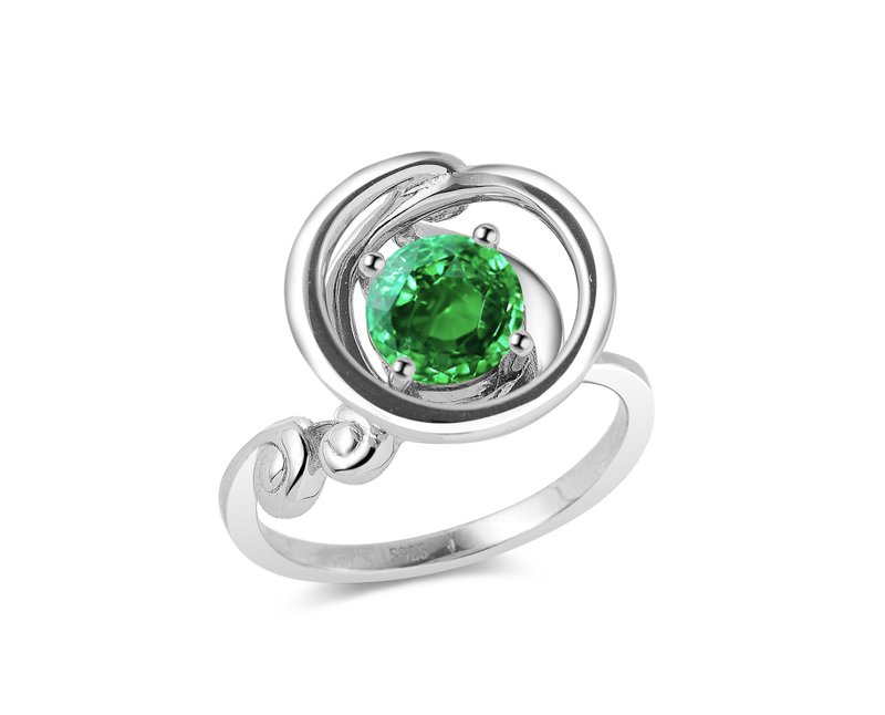 Tsavorite ring for women-Solitaire May birthstone ring-Circle wave 925 silver - แหวนทั่วไป - เงินแท้ สีเขียว