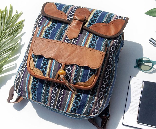 Leather Stitching Design Backpack Real Cowhide Shoulder Bag Ethnic