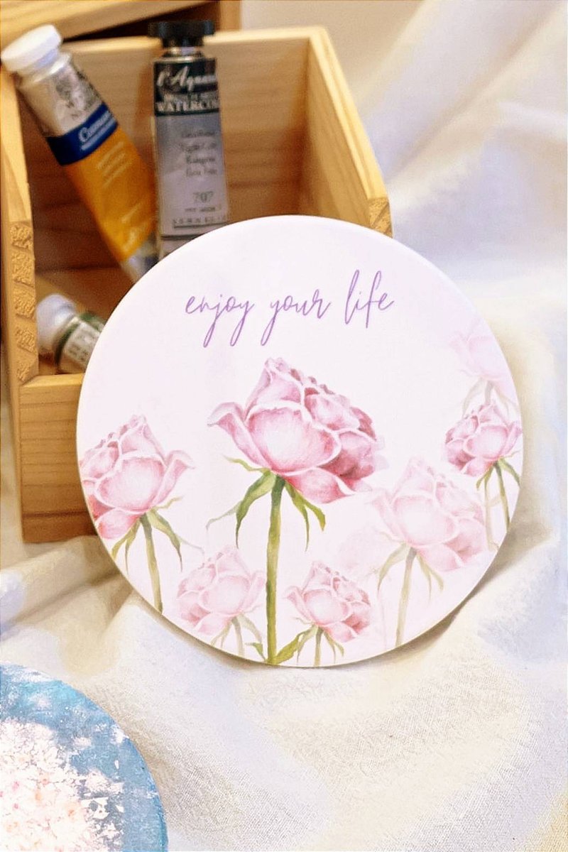 Floral illustration ceramic coaster - ที่รองแก้ว - ดินเผา ขาว