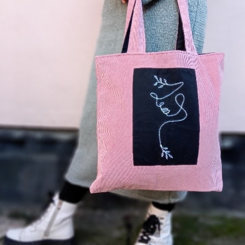 everyday exclusive velvet shoulder bag for shopping with handmade embroidery - 手提包/手提袋 - 棉．麻 粉紅色