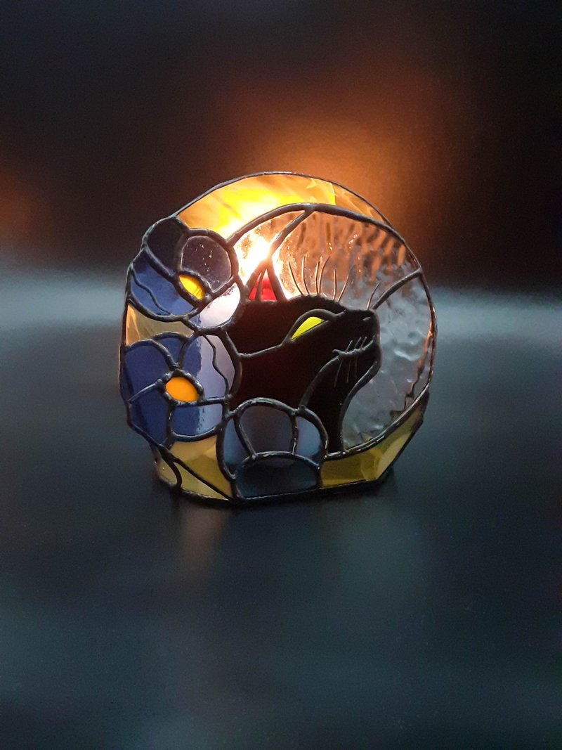 Stained Glass Black Cat on Moon Tealight Candle Holder, Flower Lantern Ornament - Candles & Candle Holders - Glass Multicolor