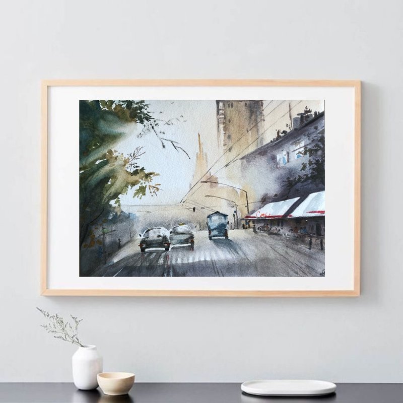 Morning in the city original watercolour painting art kitchen kitchen cabinets - 壁貼/牆壁裝飾 - 紙 多色