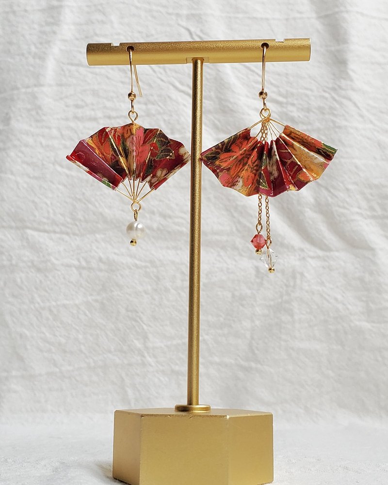 Japanese Washi Fan Drop Earrings - Vintage Red - Earrings & Clip-ons - Paper Red